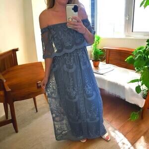 NWT boutique blue lace maxi dress off shoulder boho size small